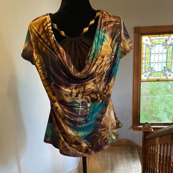 Y2K Boho Beaded Cinched Waist Shirt Print Small Petitite - Picture 1 of 8